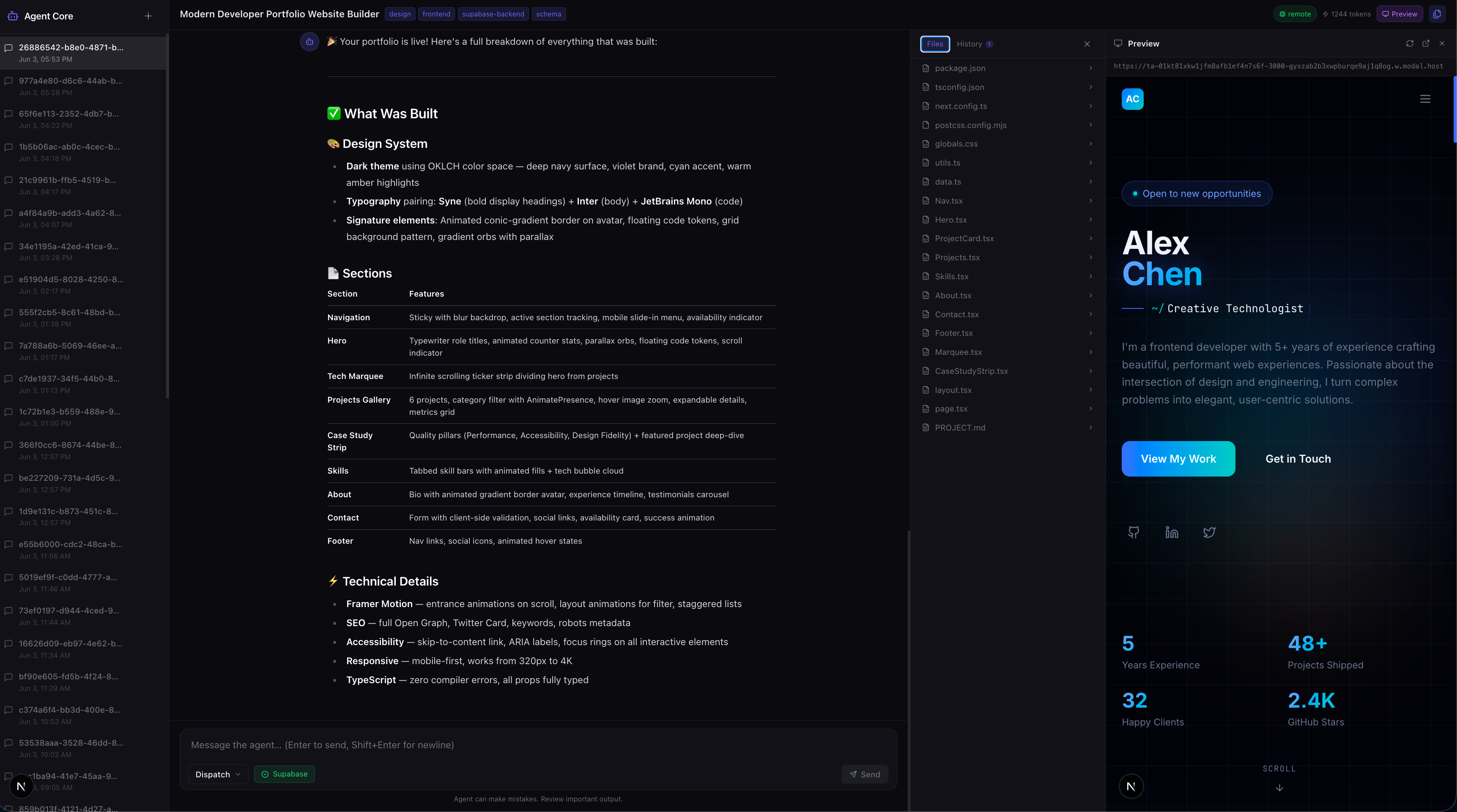 The Chatly Make builder: the agent's steps on the left, the spec it filled in the middle, a live preview of the generated site on the right