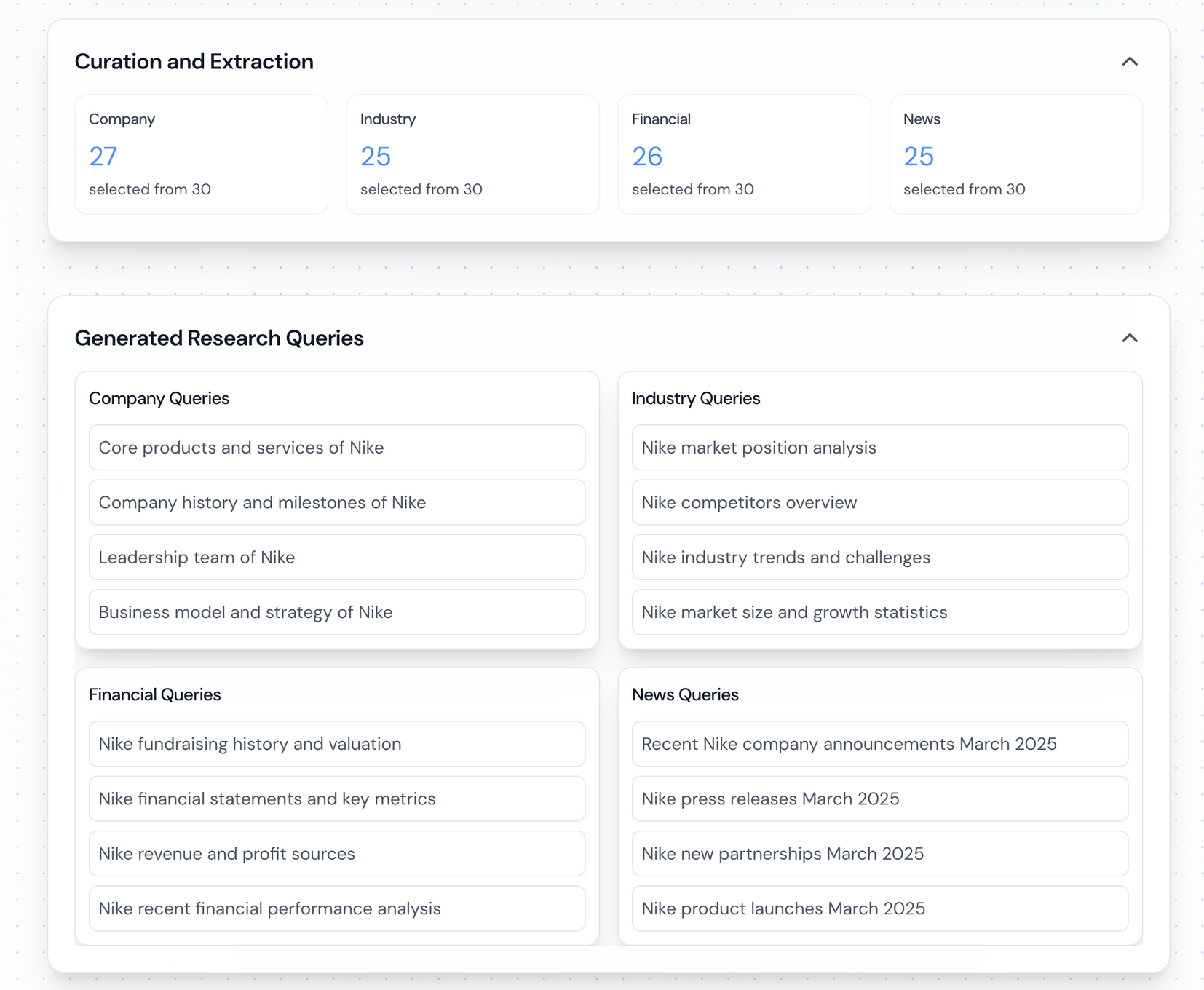 SynapseGraph: curation and generated research queries for a company report